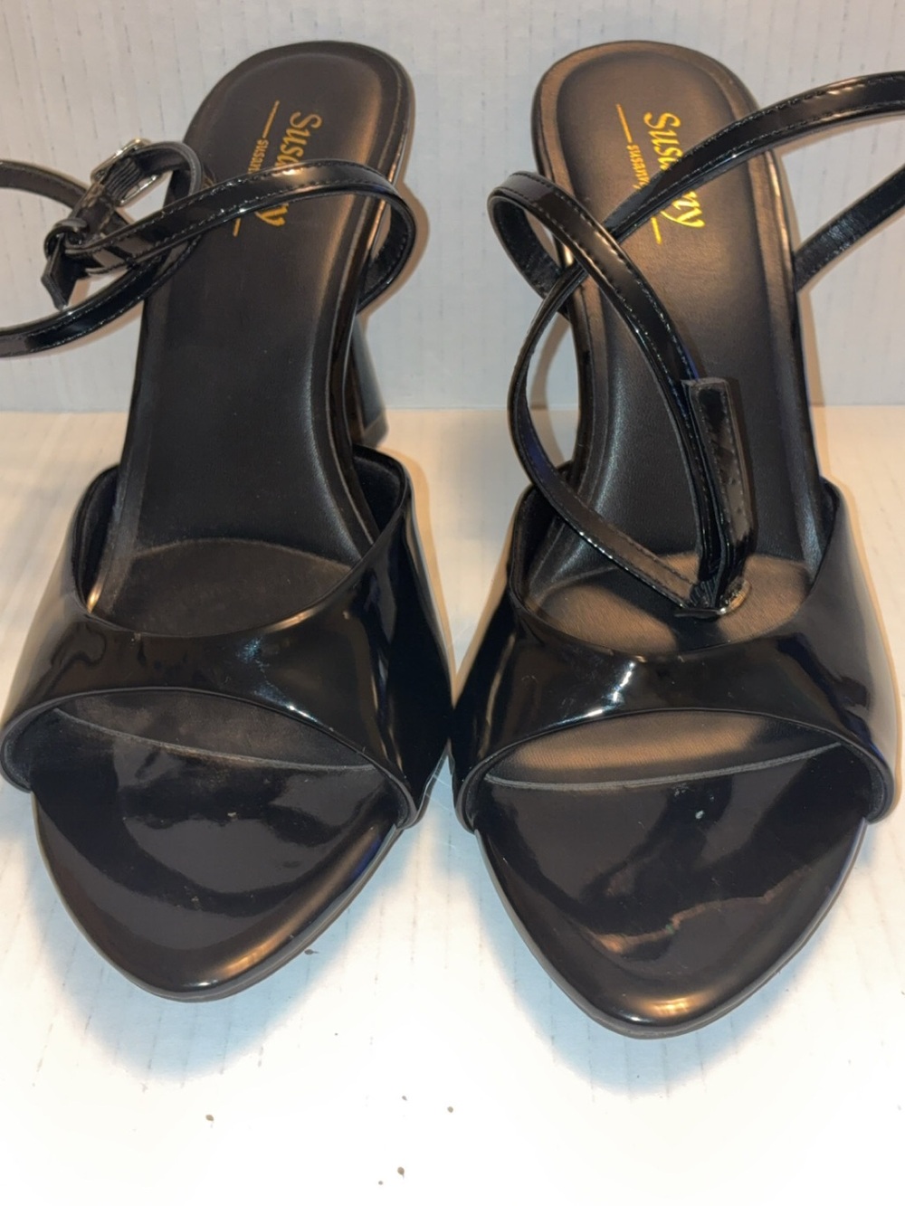 Black Patent Strappy Block Heel Sandals